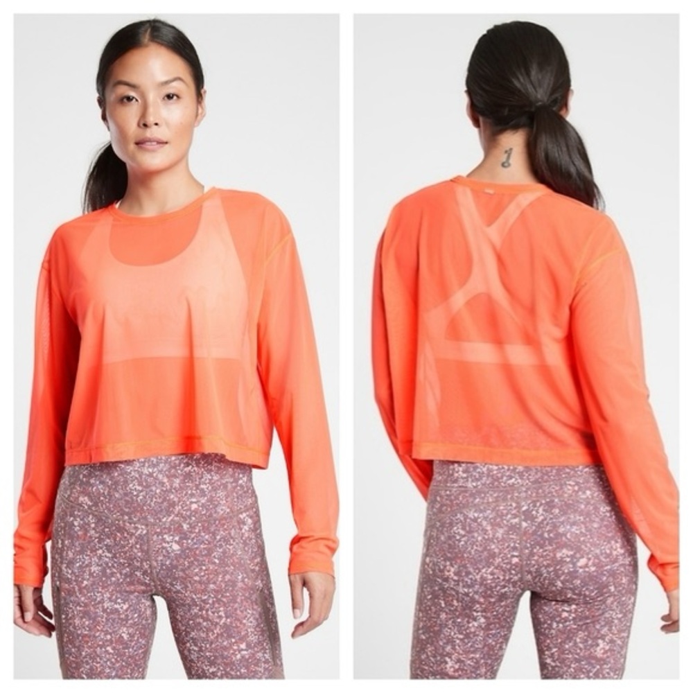 Athleta Circuit Sheer Orange Long Sleeve‎ Crop Top Size Large
